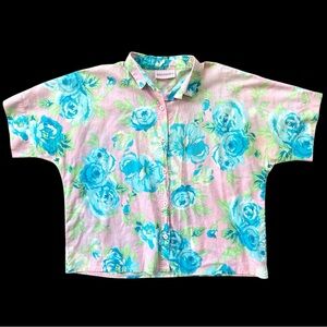 Vintage 80s accessoire | Rose Print Dolman Sleeve Cotton Camp Shirt | Size S